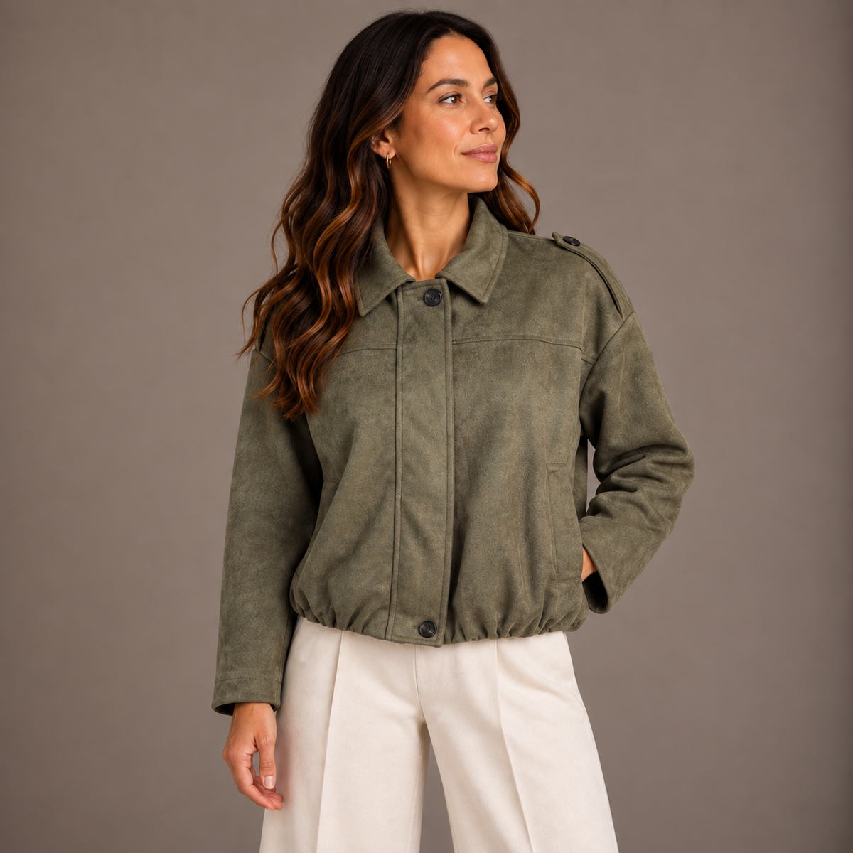 Suede Bomber Jacket – Khaki, Brown & Burgundy – alternate view 3