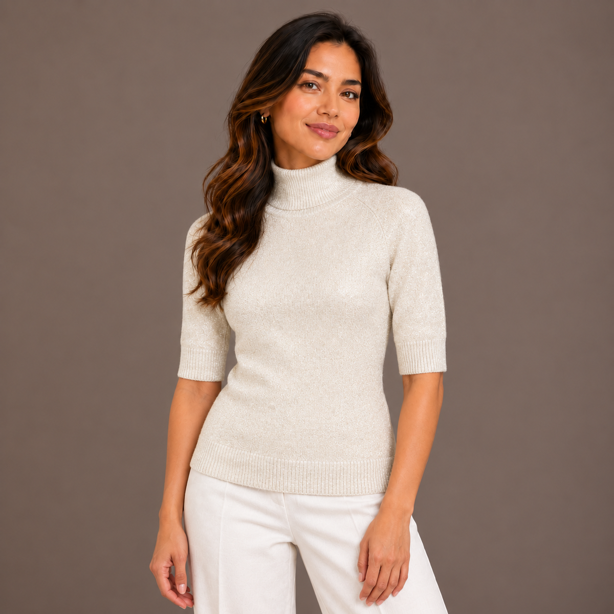 High Neck Metallic Sweater White 