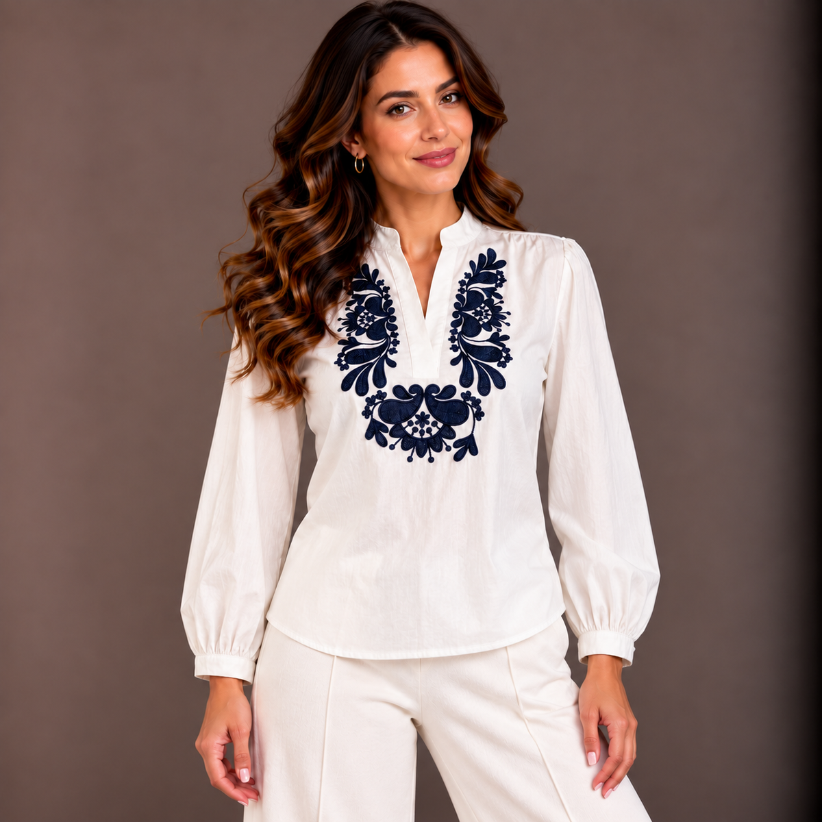 White & Navy Embroidered Shirt 