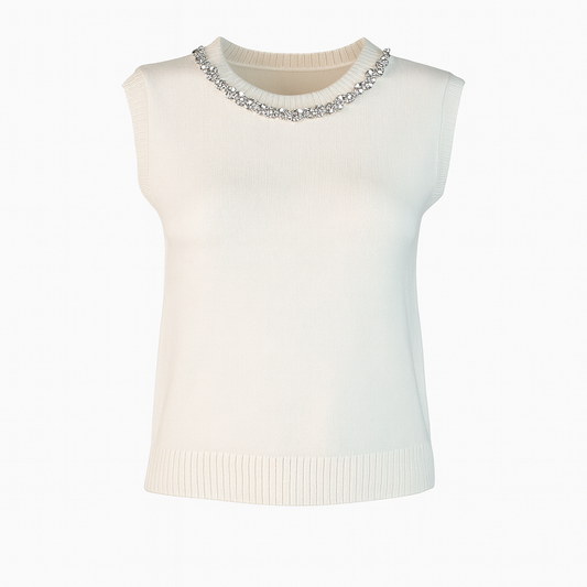 Sleeveless knit with rhinestones collar