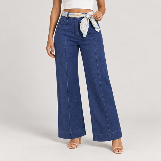 Wide-Leg Navy Jeans with Scarf Belt 
