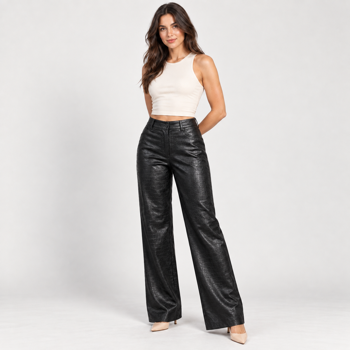 Women's black croco-look faux leather pants – Atelierose Lebanon
