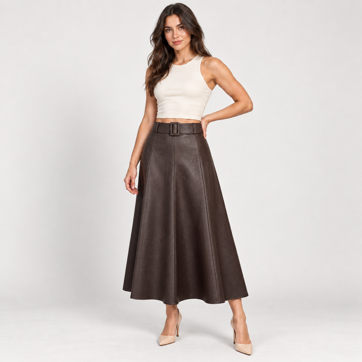 Women's brown eco-leather skirt – Atelierose Lebanon