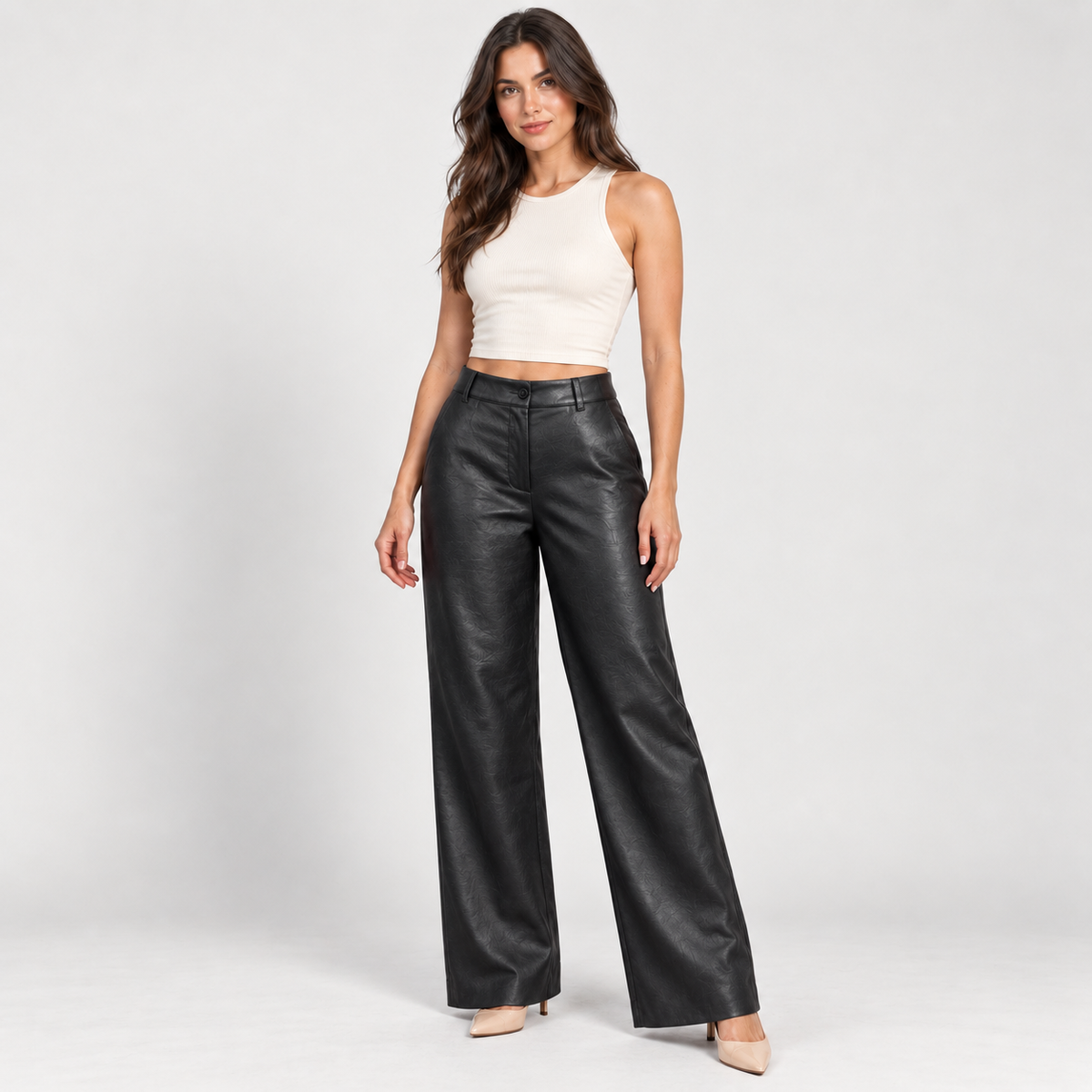 Women's black eco-leather wide-leg trousers – Atelierose Lebanon