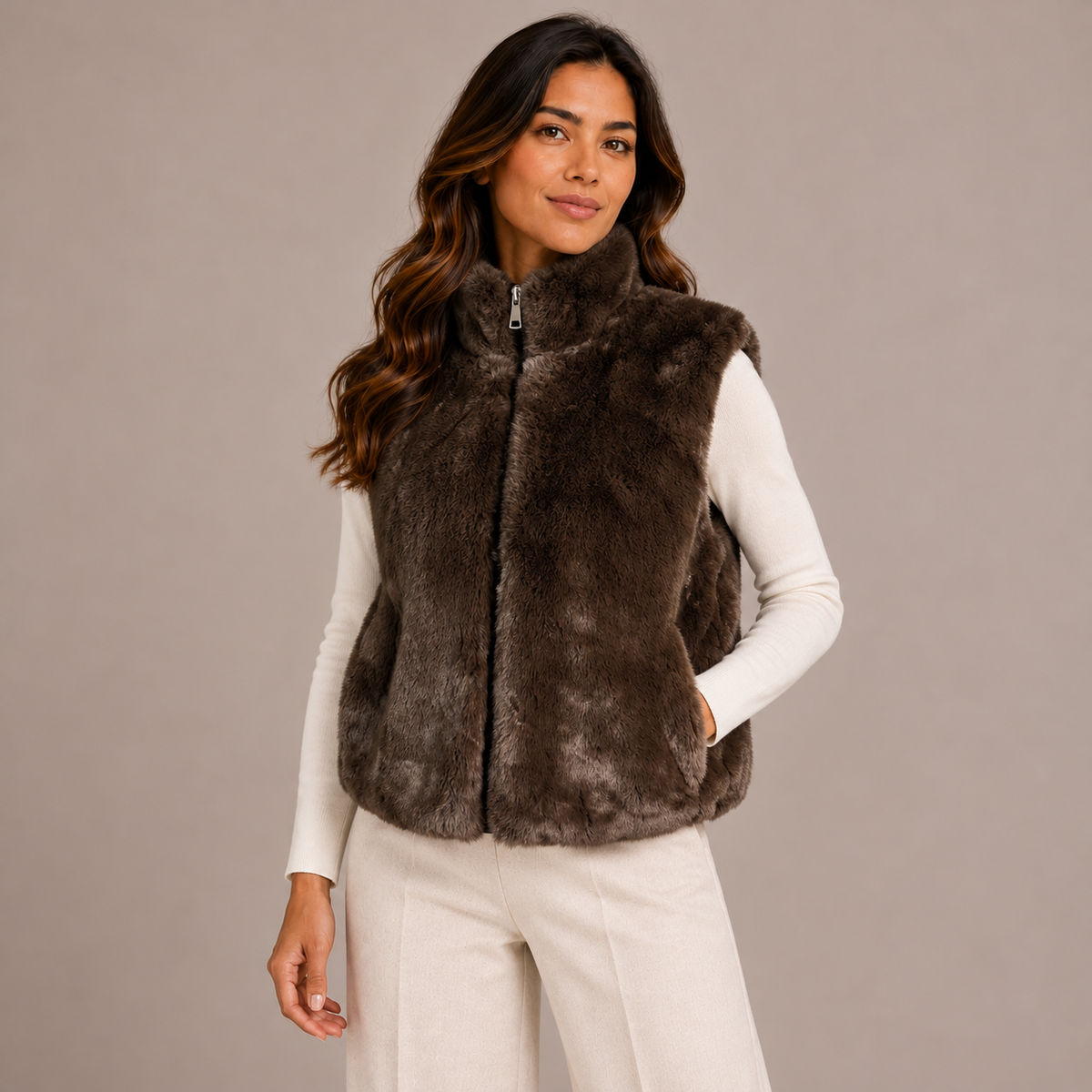Women’s Faux-Fur Waistcoat – Black & Brown – product photo 1