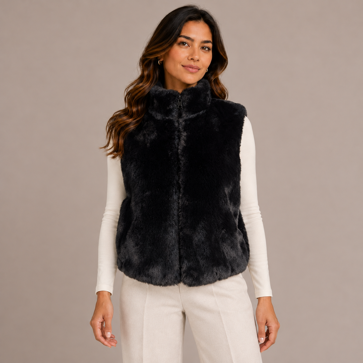 Women’s Faux-Fur Waistcoat – Black & Brown – product photo 2