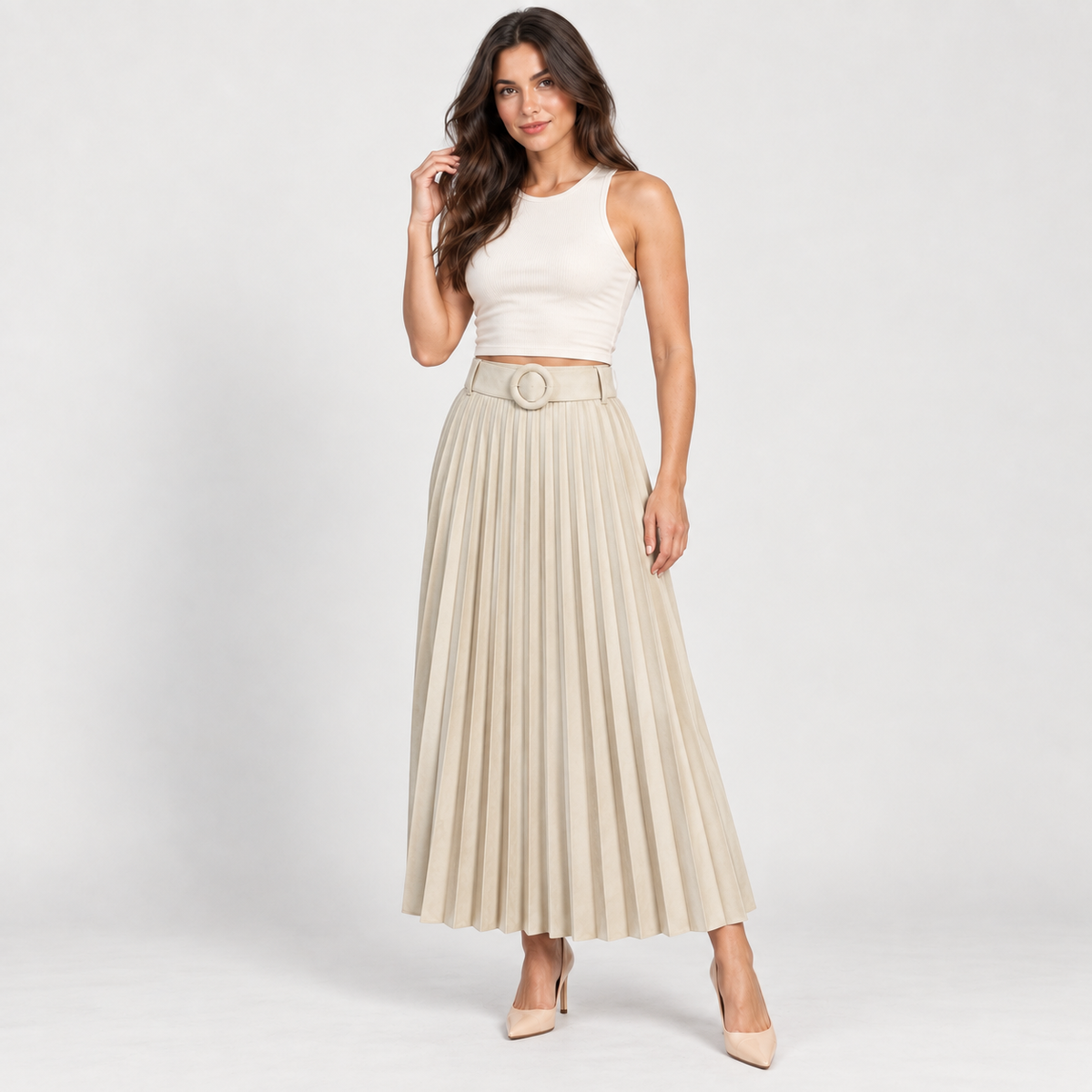 Women's beige pleated belted skirt – Atelierose Lebanon
