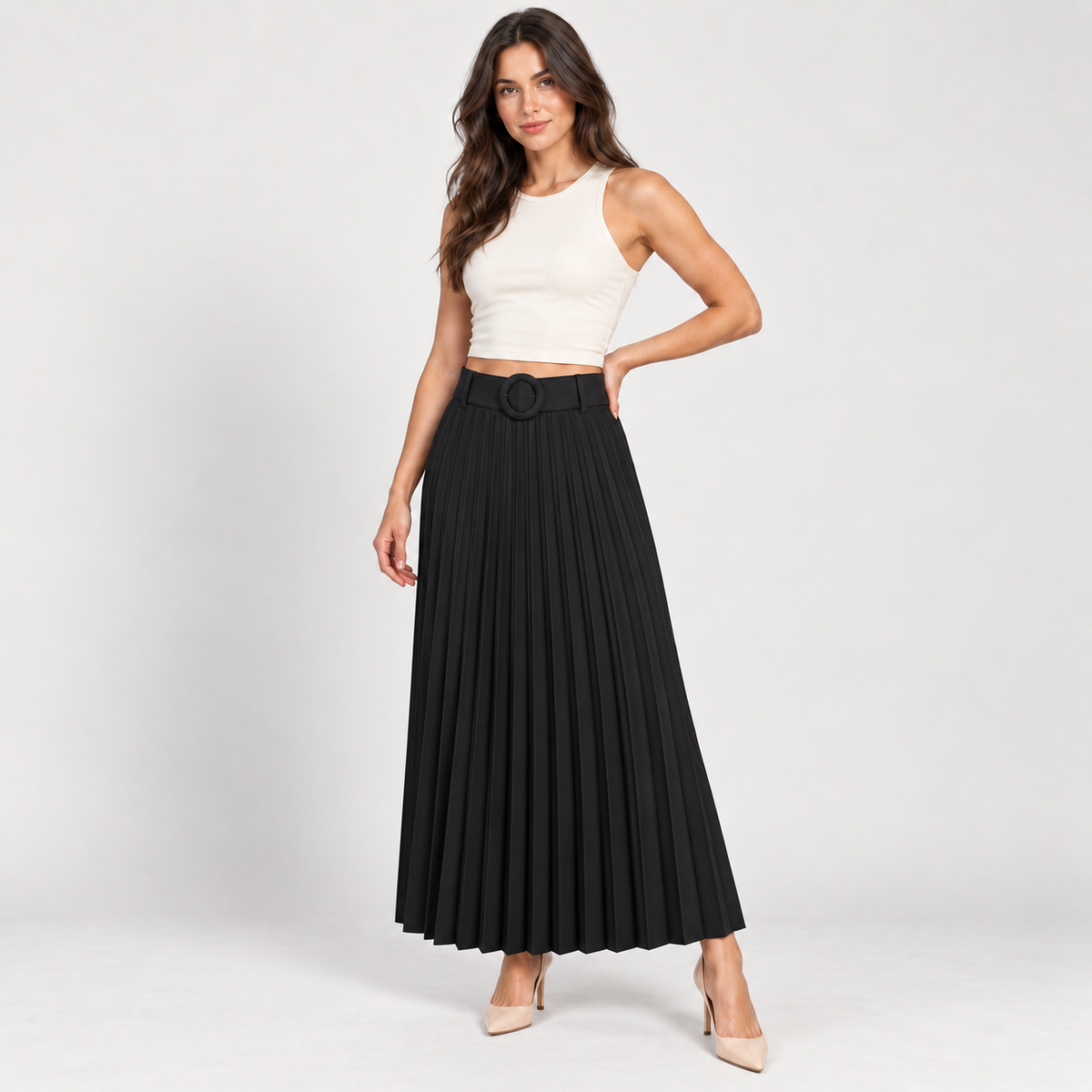 Women's black pleated belted skirt – Atelierose Lebanon