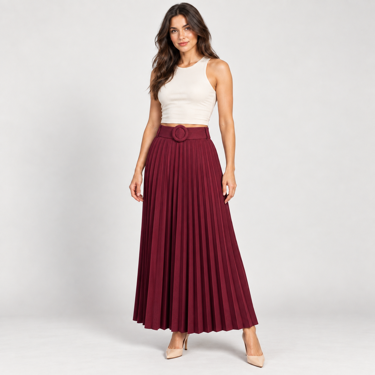 Women's Bordeaux pleated belted skirt – Atelierose Lebanon