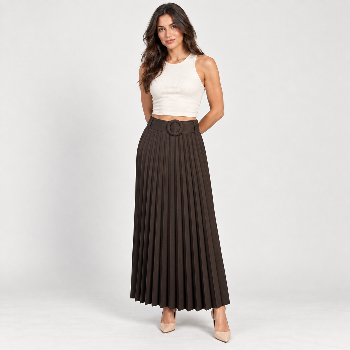 Women's brown pleated belted skirt – Atelierose Lebanon