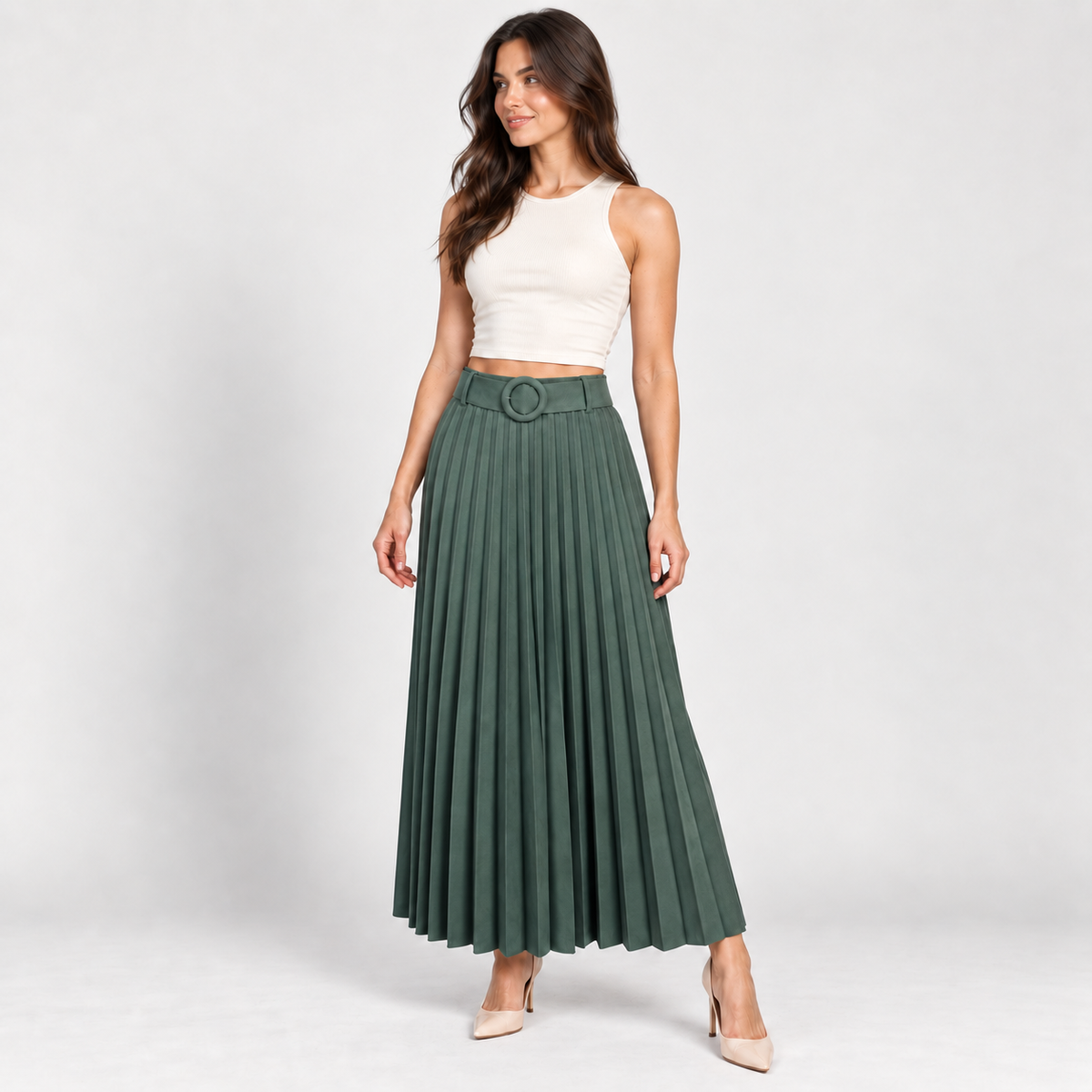 Women's green pleated belted skirt – Atelierose Lebanon