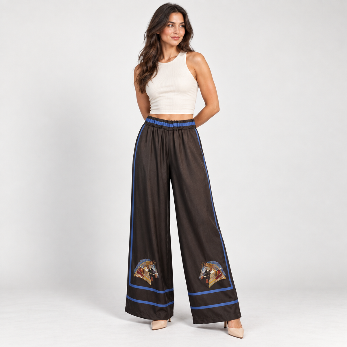 Women's brown and blue printed viscose wide-leg trousers – Atelierose Lebanon