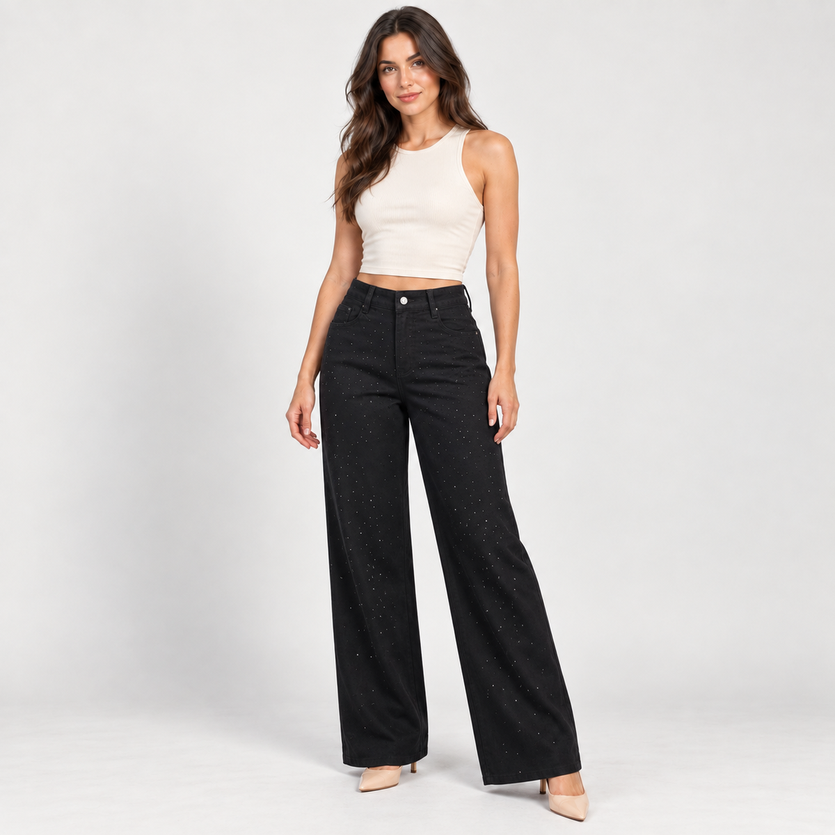 Women's black rhinestone wide-leg jeans – Atelierose Lebanon