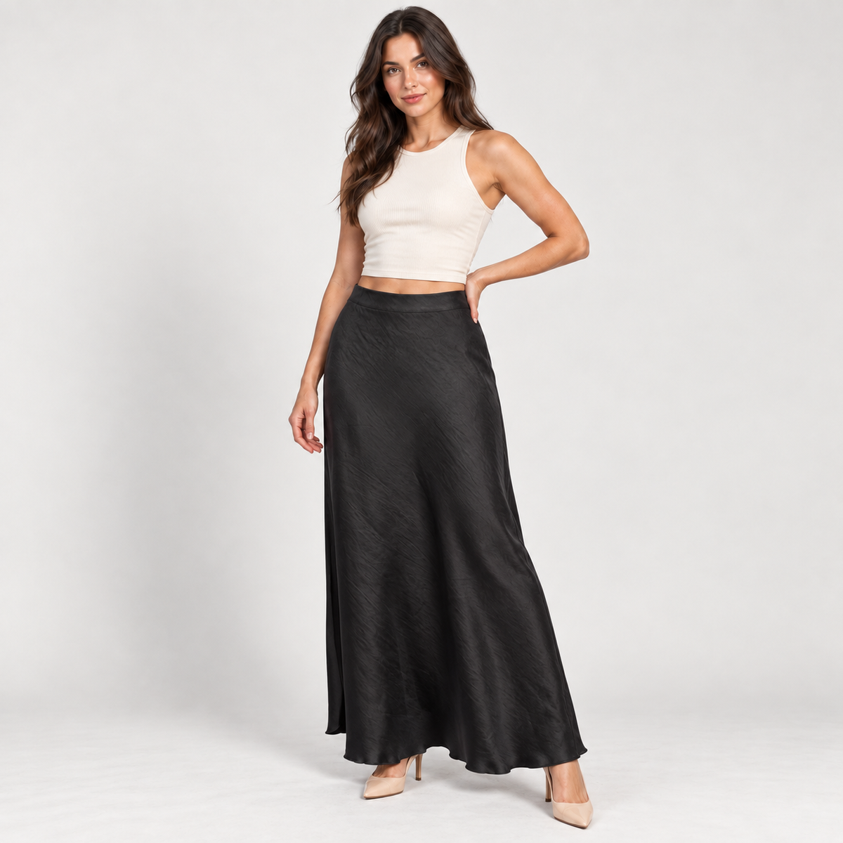Women's black satin maxi skirt – Atelierose Lebanon