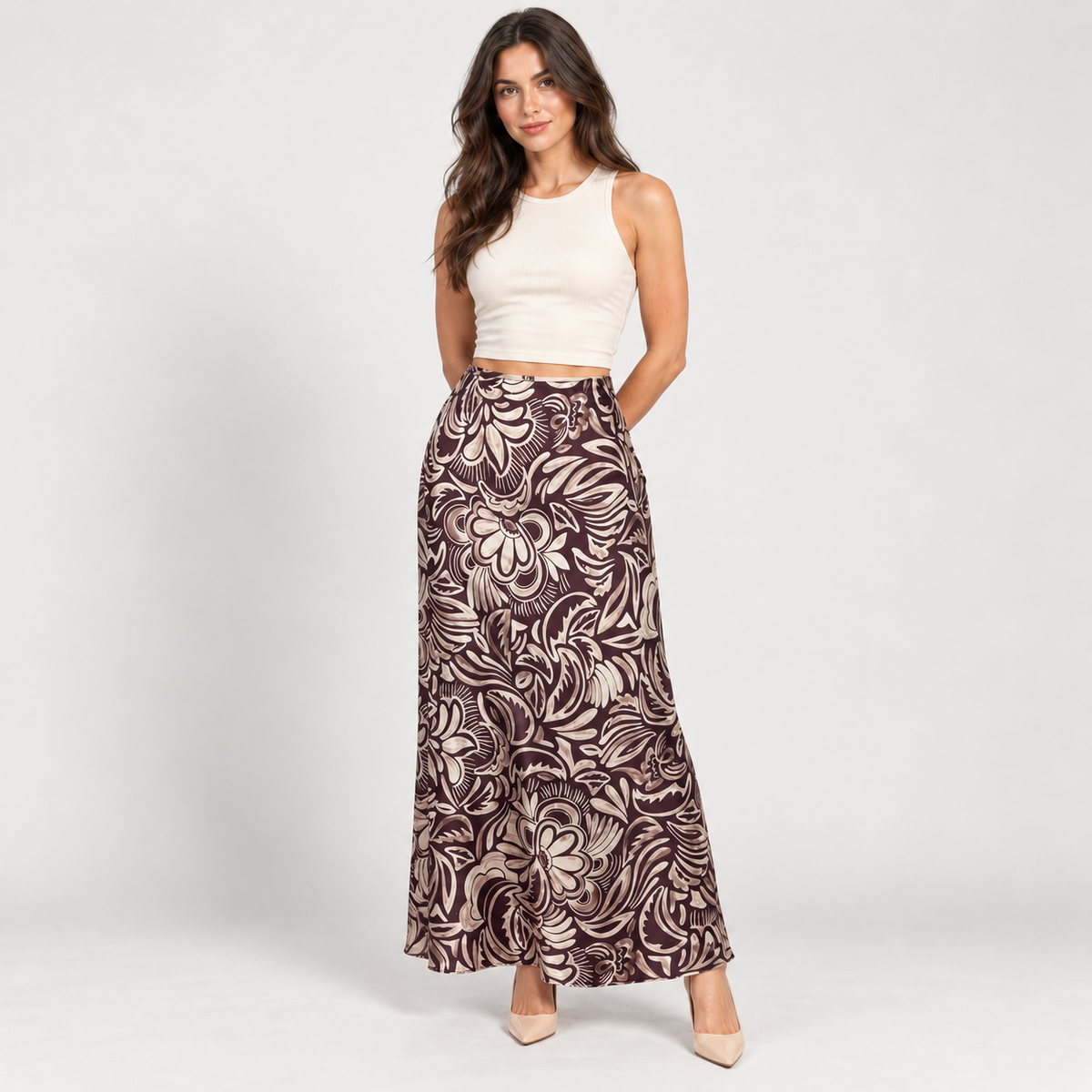 Women's printed Bordeaux satin maxi skirt – Atelierose Lebanon