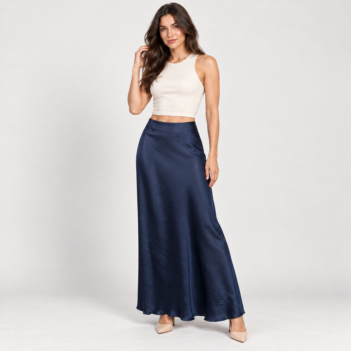 Women's navy satin maxi skirt – Atelierose Lebanon