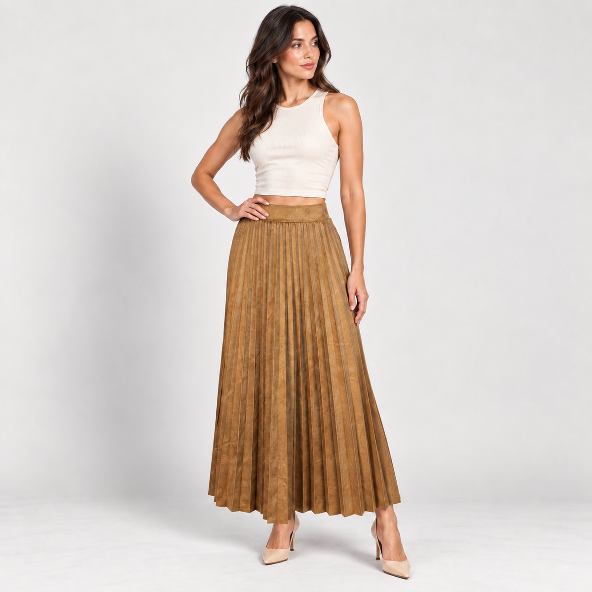 Women's camel suede pleated skirt – Atelierose Lebanon