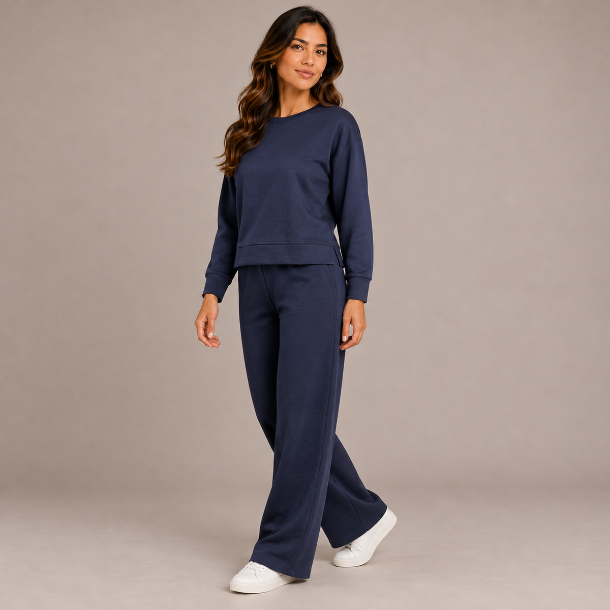 Women’s Sweater & Trousers Set – Navy, Brown & Burgundy – product photo 2
