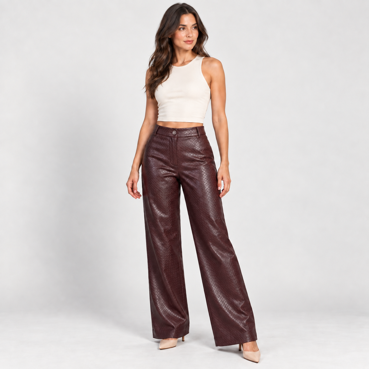 Women's burgundy textured eco-leather trousers – Atelierose Lebanon