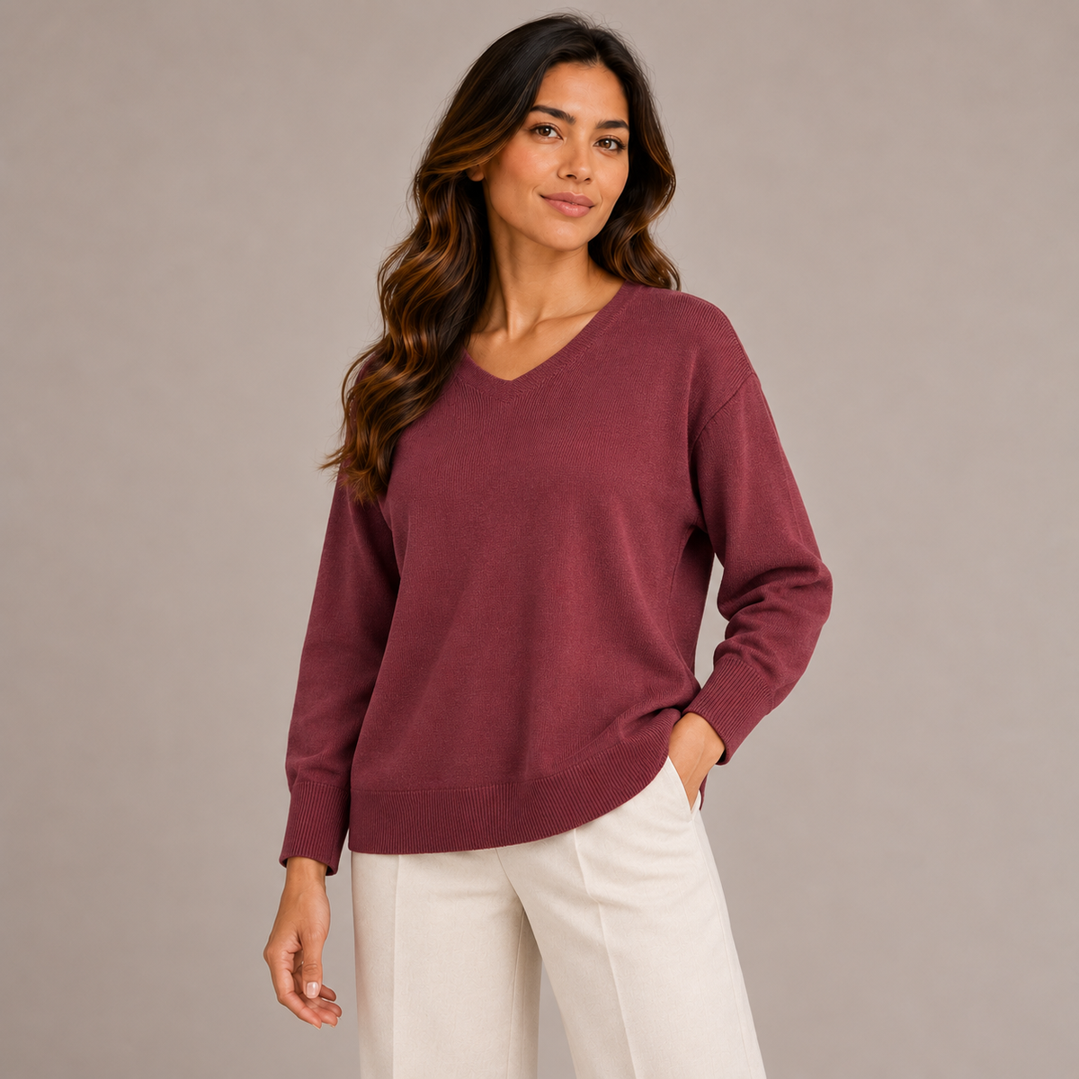 Women’s V-Neck Knit Top – Bordeaux, Beige & Black – product photo 1