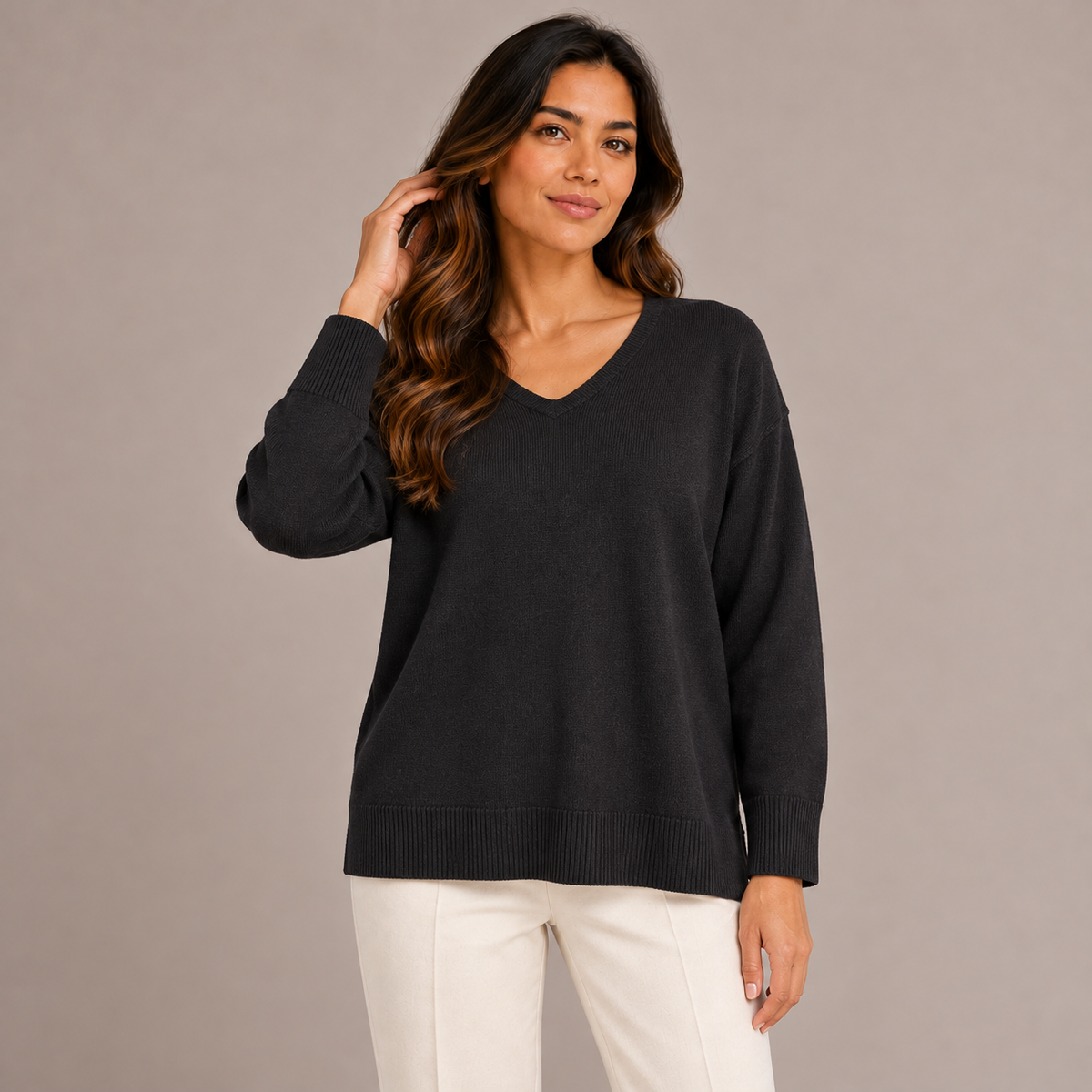 Women’s V-Neck Knit Top – Bordeaux, Beige & Black – product photo 2