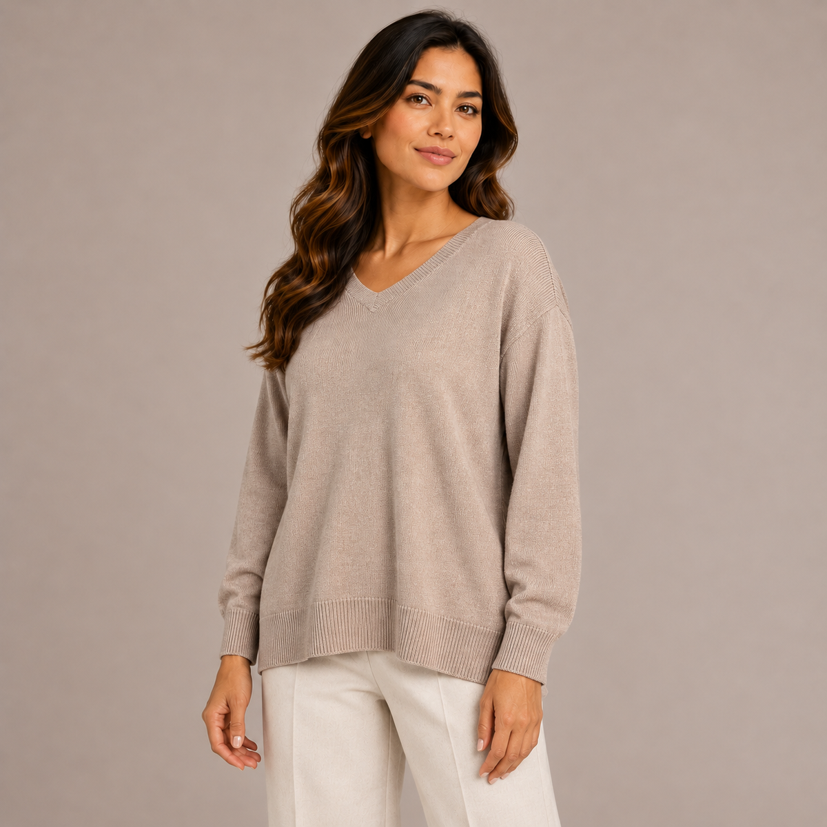 Women’s V-Neck Knit Top – Bordeaux, Beige & Black – product photo 3