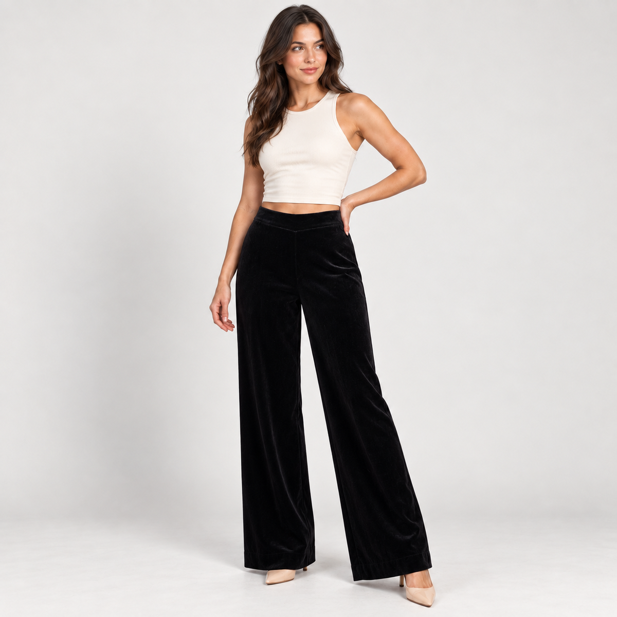 Women's black velvet wide-leg trousers – Atelierose Lebanon