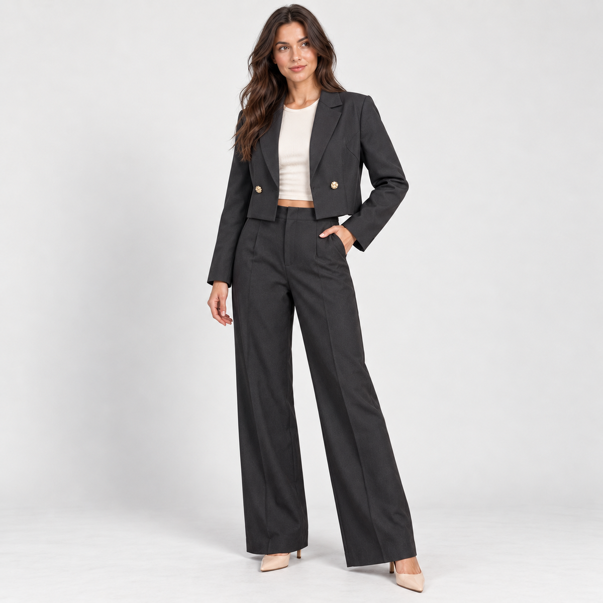Women's black wide-leg trousers second view – Atelierose Lebanon