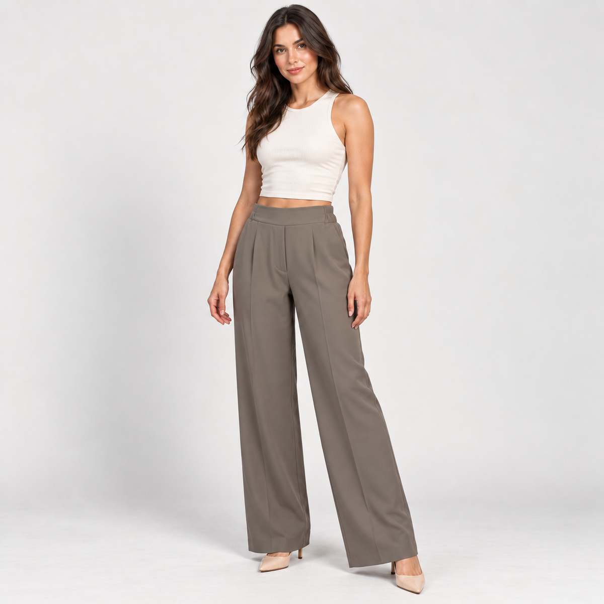 Women's taupe wide-leg trousers – Atelierose Lebanon