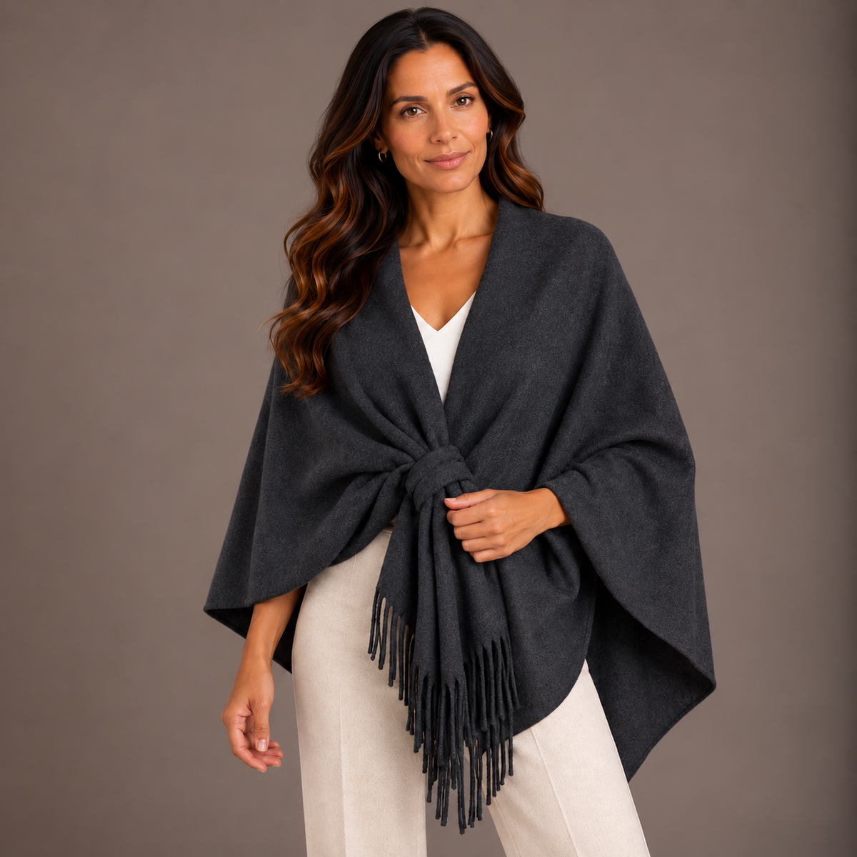 Wool Poncho – Camel, Black & Beige 