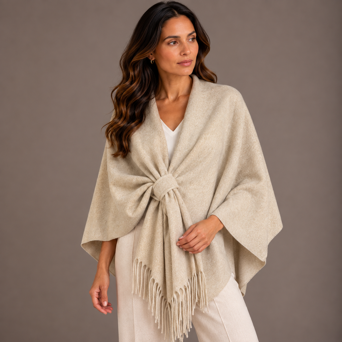 Wool Poncho – Camel, Black & Beige – alternate view 2