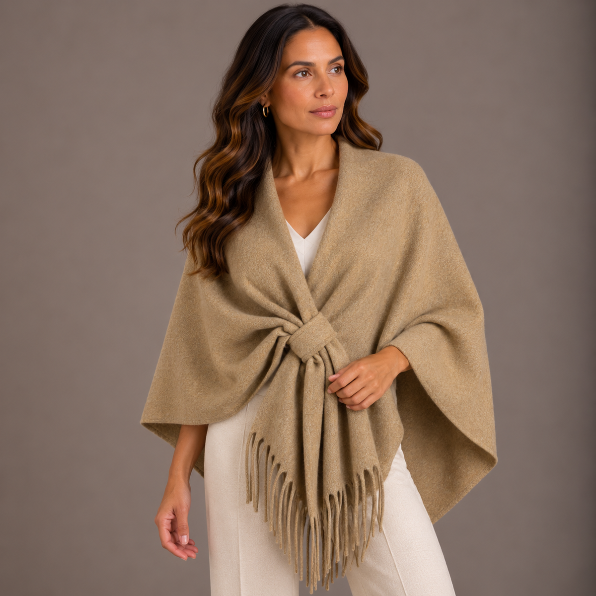 Wool Poncho – Camel, Black & Beige – alternate view 3