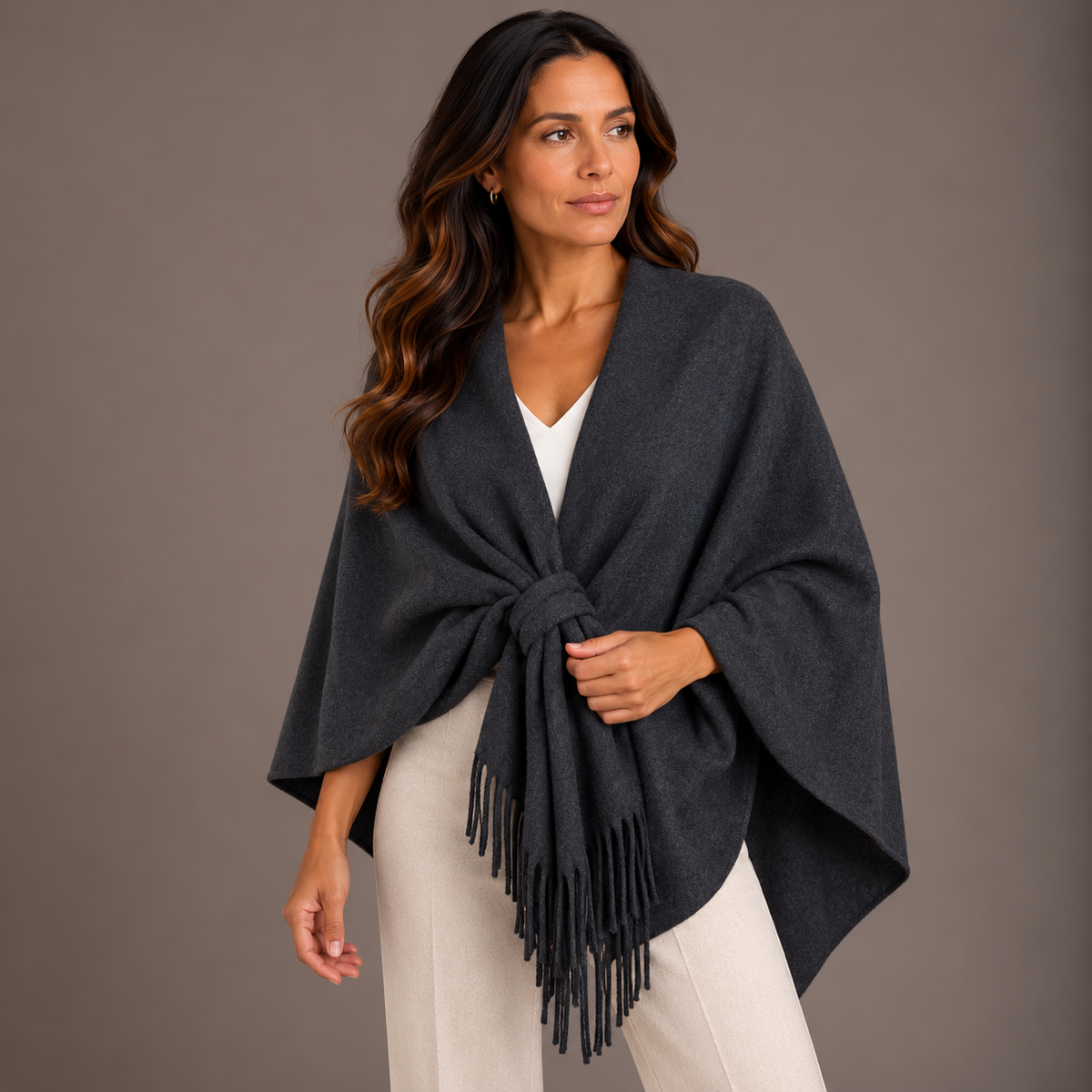 Wool Poncho – Camel, Black & Beige